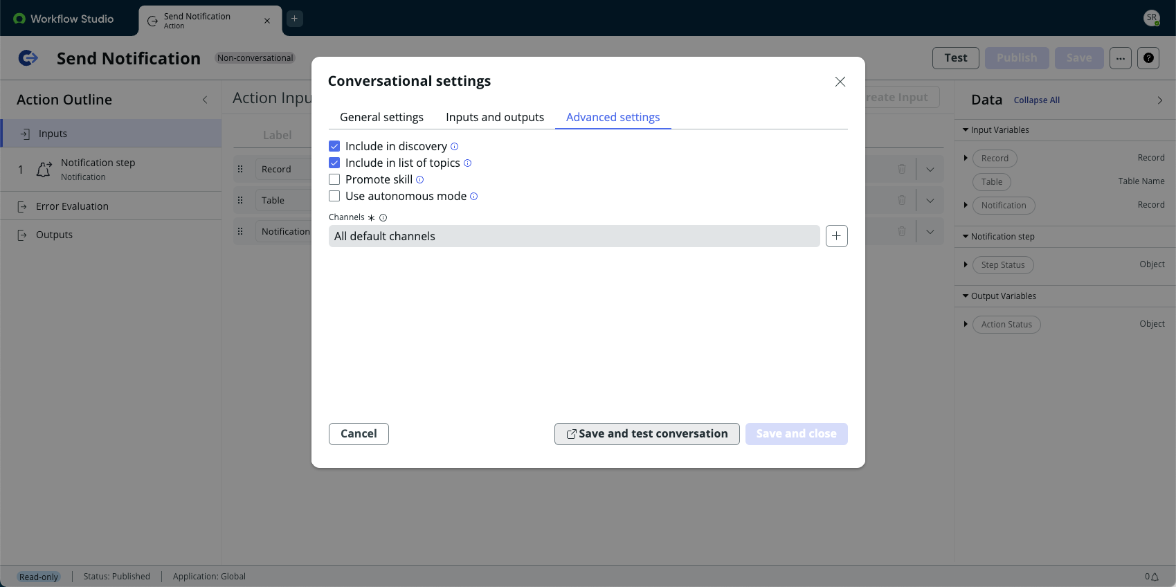 Example advanced settings for the Send Notifications action.