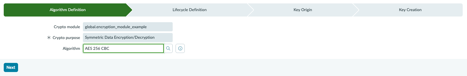 Shows the AES 256 CBC encryption configuration options.