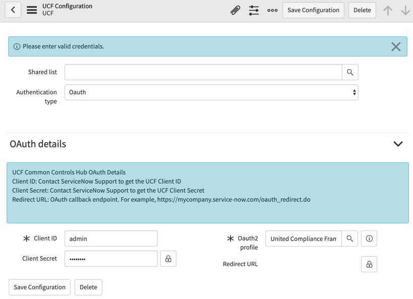 UCF-Konfiguration für OAuth