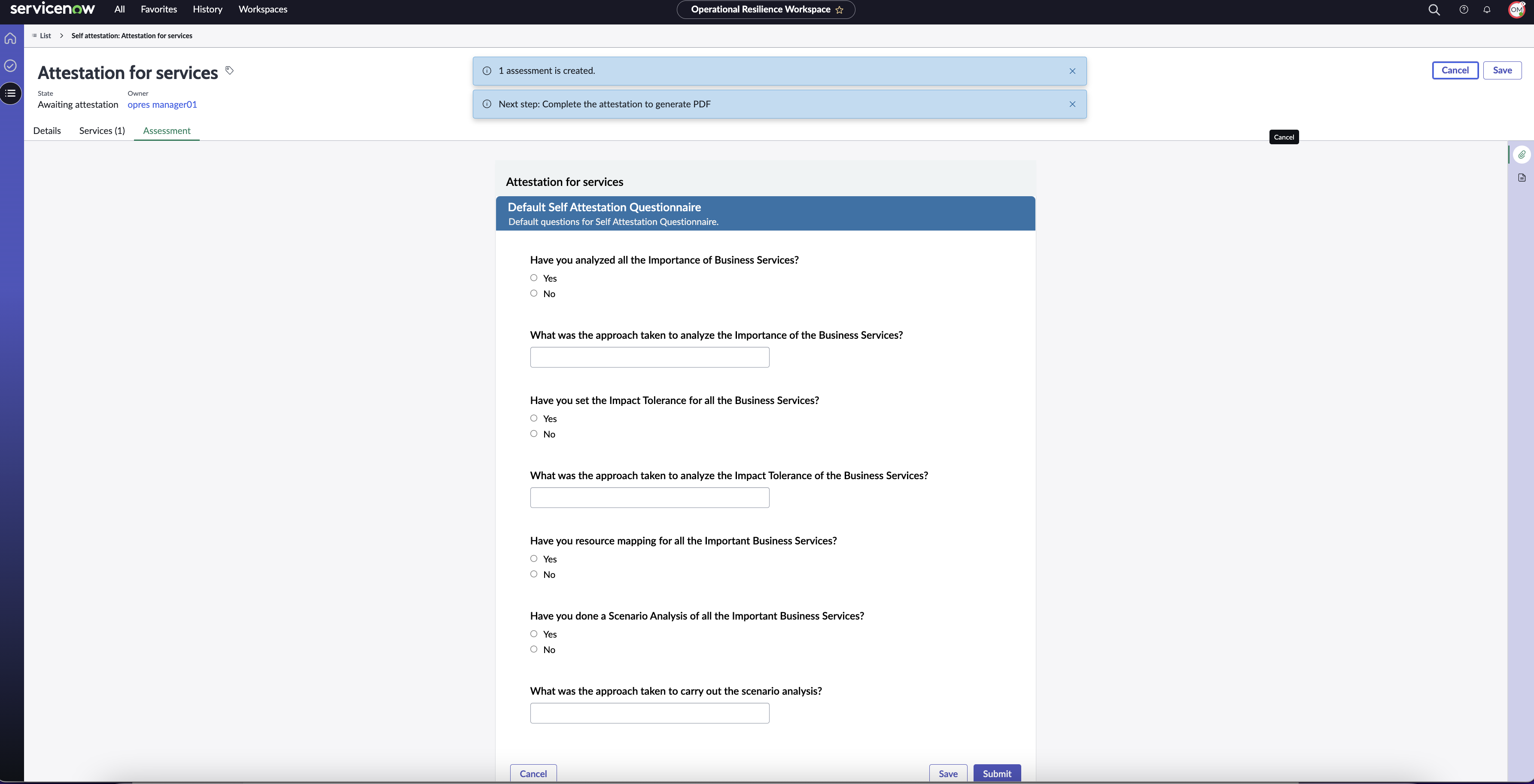 Selbstnachweisvorlage in Operational Resilience Workspace.