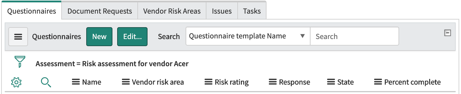 Wenn Sie das Formular „Lieferantenrisikobewertung“ speichern, werden mehrere zugehörige Listen angezeigt.