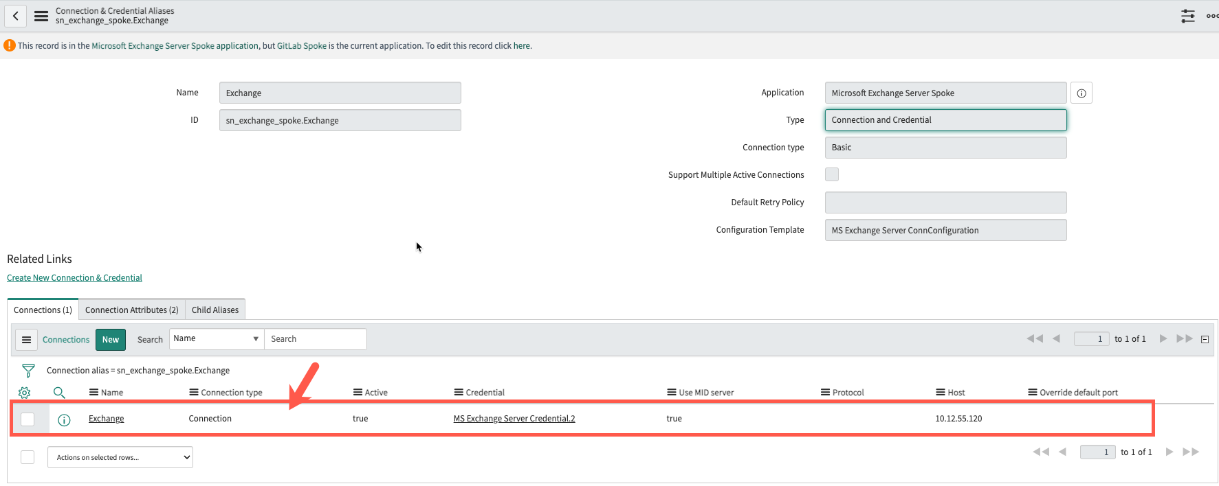 Enregistrement de connexion et d’informations d’identification d’alias Exchange.