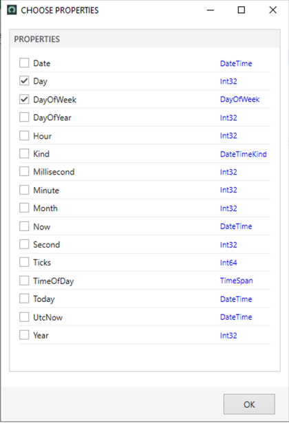 La fenêtre Choisir les propriétés s’affiche pour sélectionner les propriétés de proxy applicables.