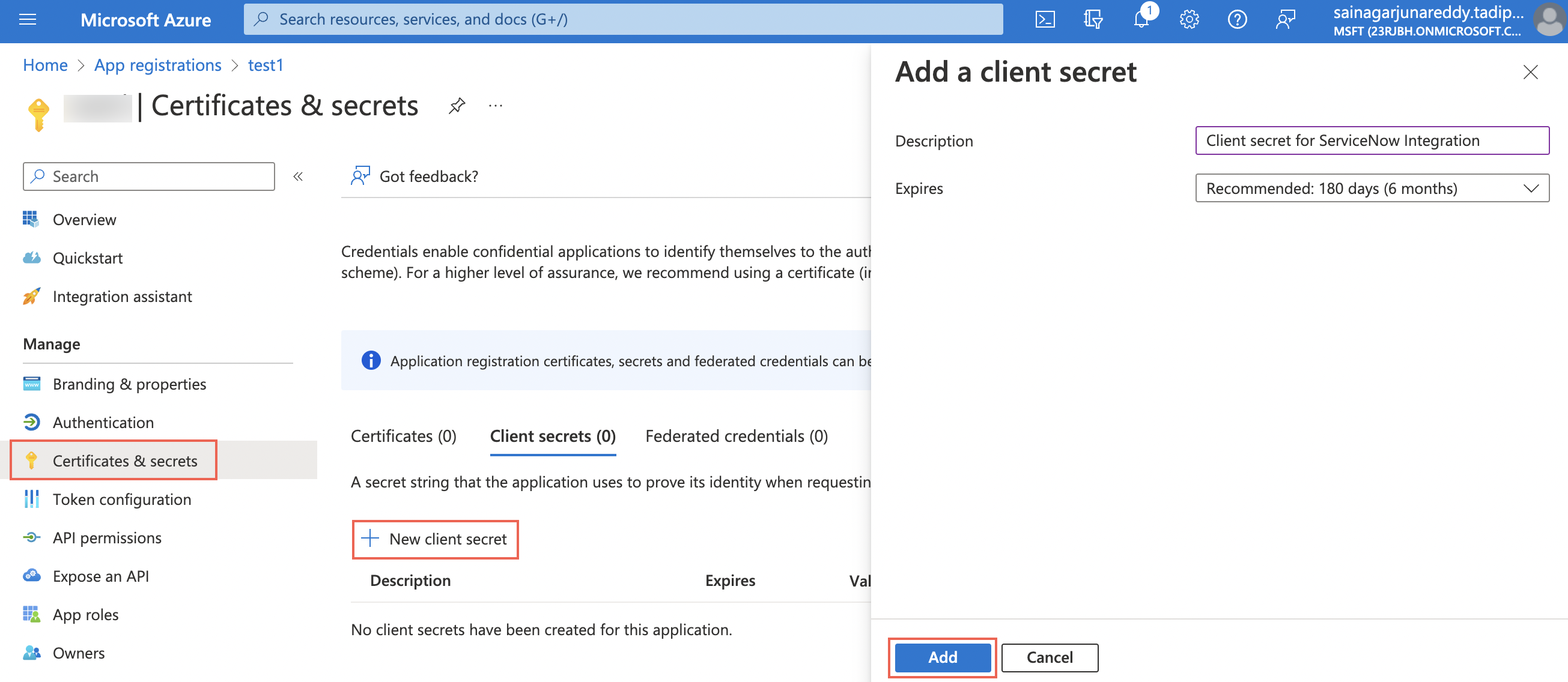 Ajoutez un secret client.