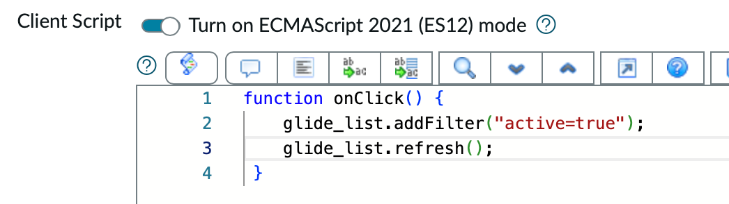 GlideList-Methodenaufrufe im Client-Skript-Editor.