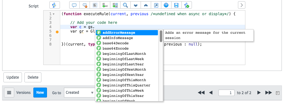 Eine Codezeile für eine Variablendefinition mit einem Popup-Fenster, in dem mögliche Skriptelemente angezeigt werden.