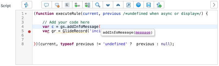 Eine Codezeile für eine Variable, die einen Methodenaufruf definiert. Es gibt ein Popup-Fenster mit möglichen Skriptelementen.