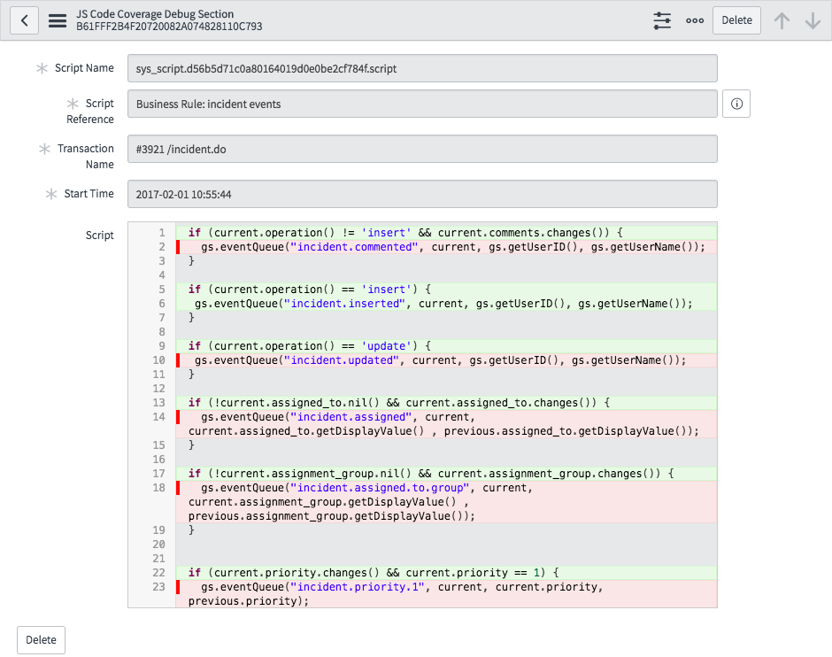 Debug-Abschnitt für JS-Codeabdeckung
