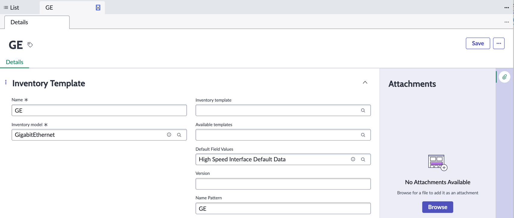 Inventory Template for the network interface model.