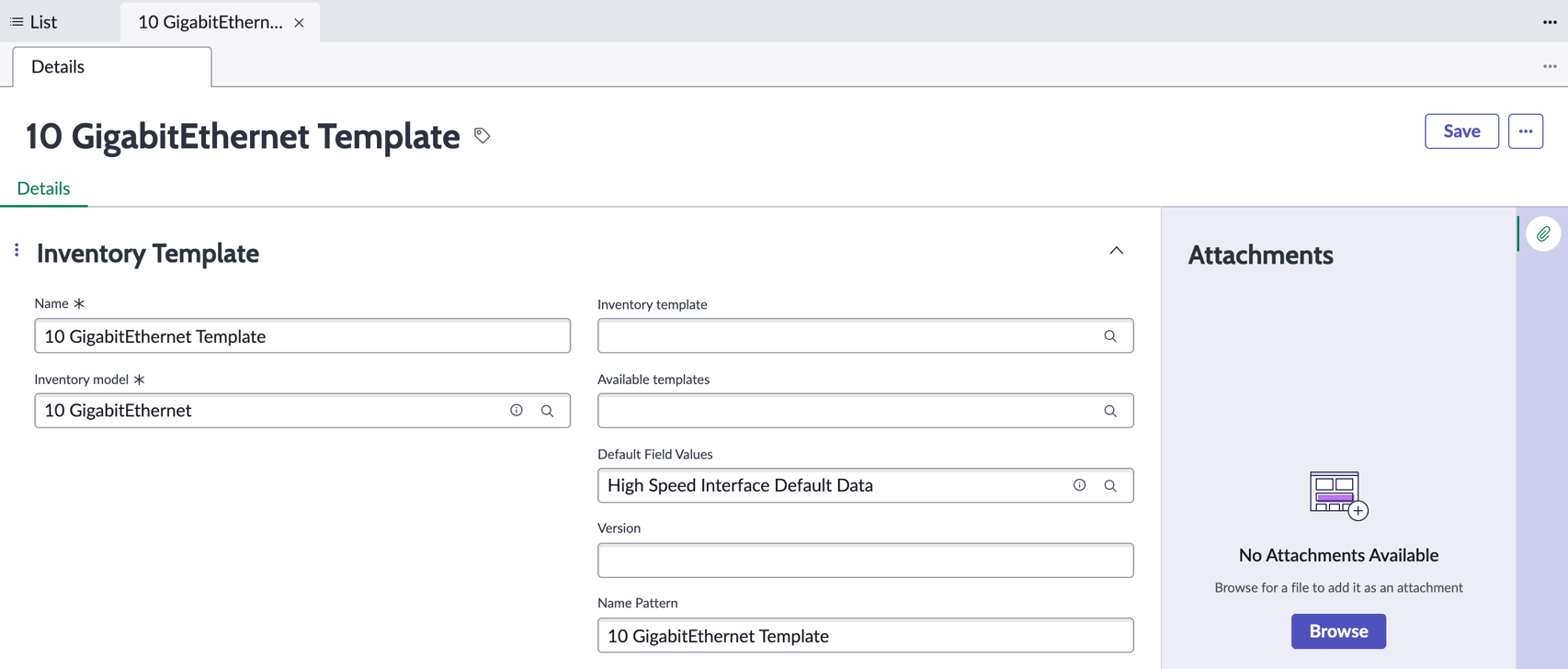 Details view of 10 Gigabit Ethernet template with field information.