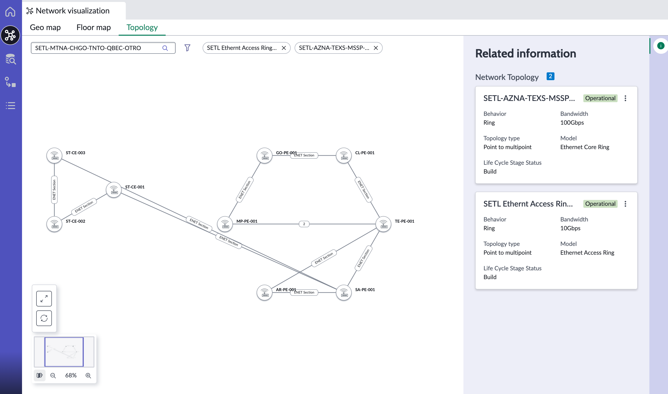 View of a topology with search box, map pane, details pane, and zoom option.