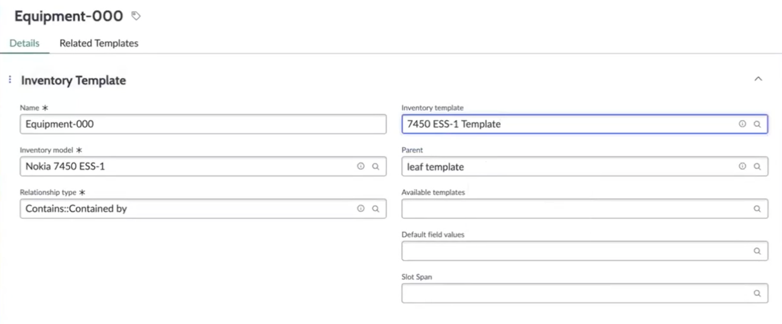 Details view of a related template with field information.