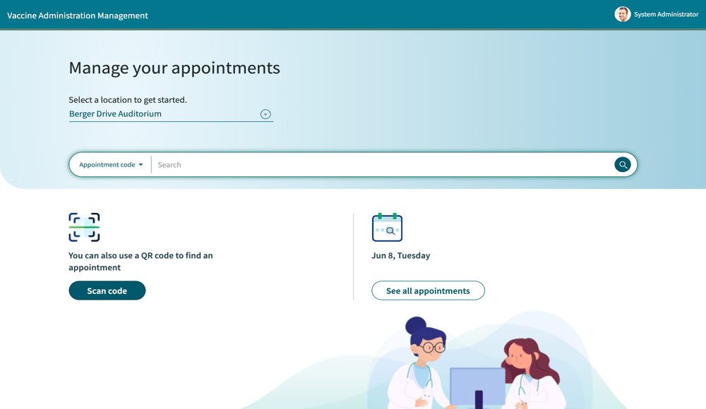 Vaccine Administration Management Zielseite des Klinikportals, auf der Anwender Termine verwalten, QR-Codes scannen, um Termine zu finden, und einen Kalender aller Termine anzeigen können.