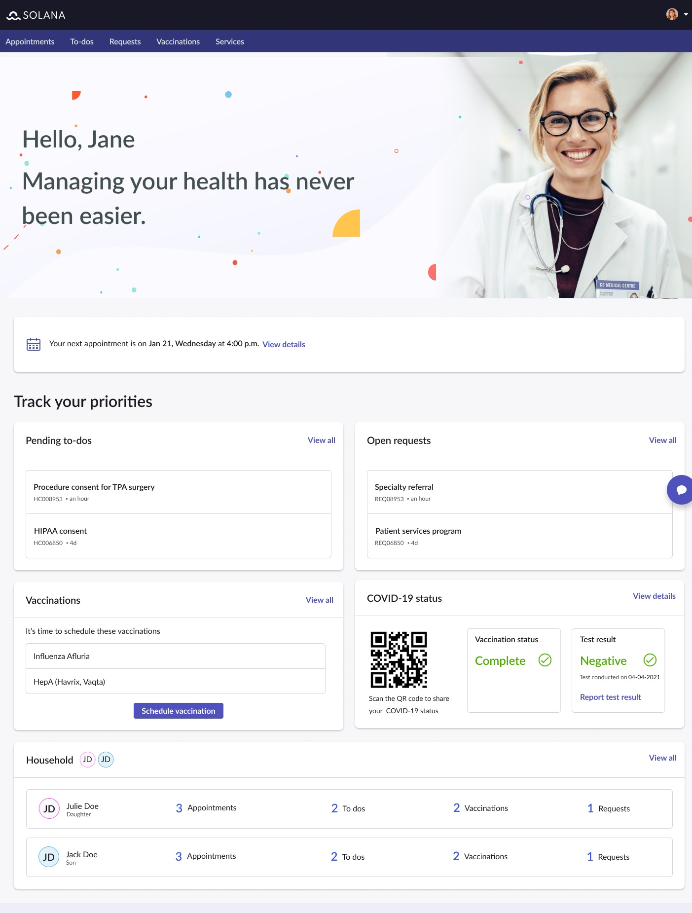 Zielseite für Patientenportal Patienteninformationen werden angezeigt. Die Bildbeschreibung finden Sie im folgenden Text.