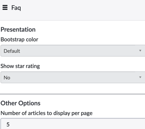 Screenshot mit dem Häufig Gestellte Fragen Widget-Instanzoptionen. Die Textbeschreibung finden Sie im Abschnitt Instanzoptionen des FAQ-Widgets.