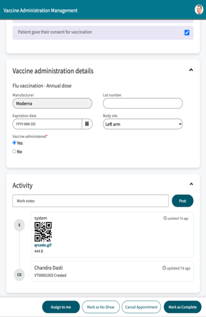 Die Detailansicht des Termins, in der Patienteninformationen und Impfterminfälle angezeigt werden.