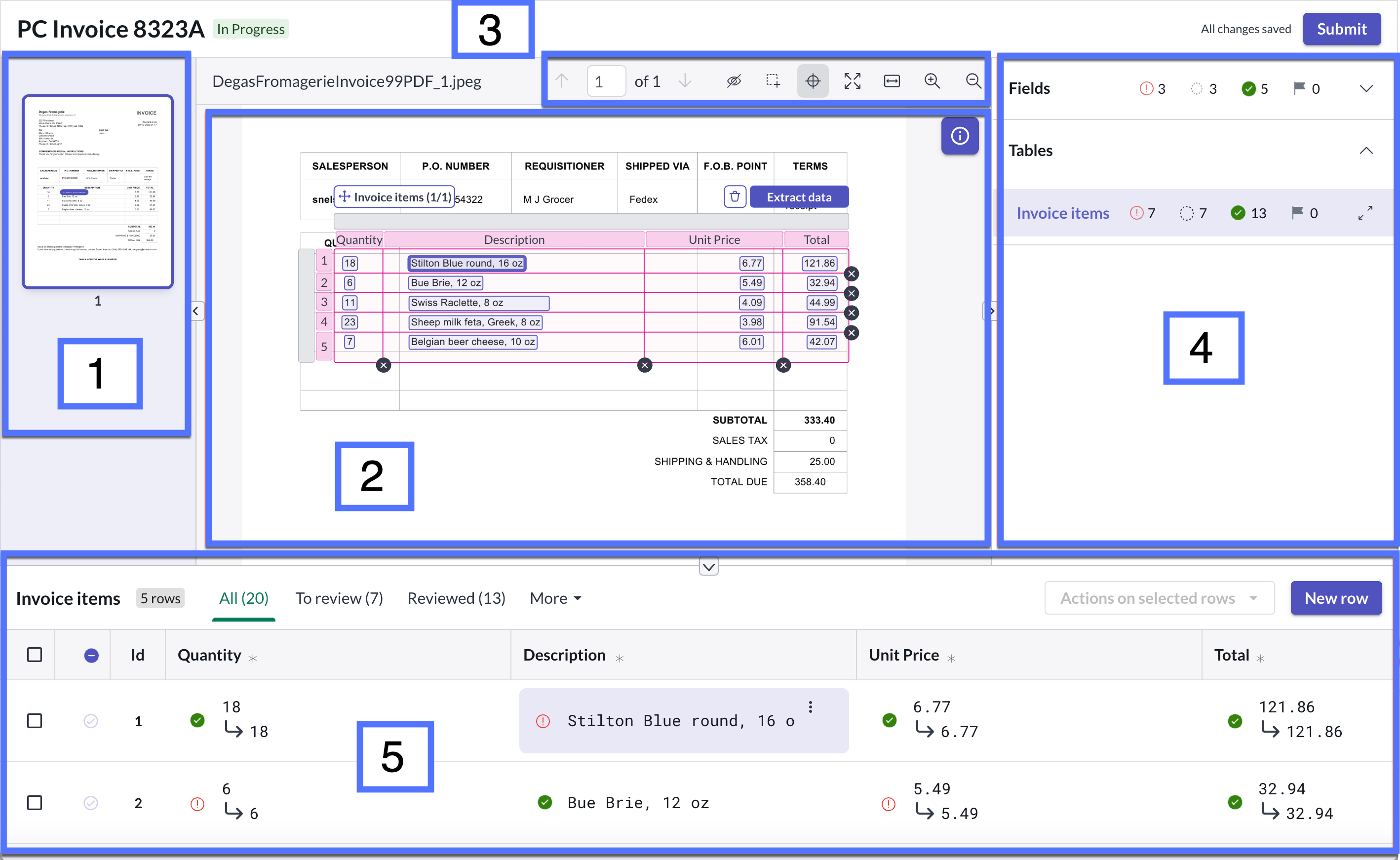 Areas of the Document Intelligence workspace for data extraction.