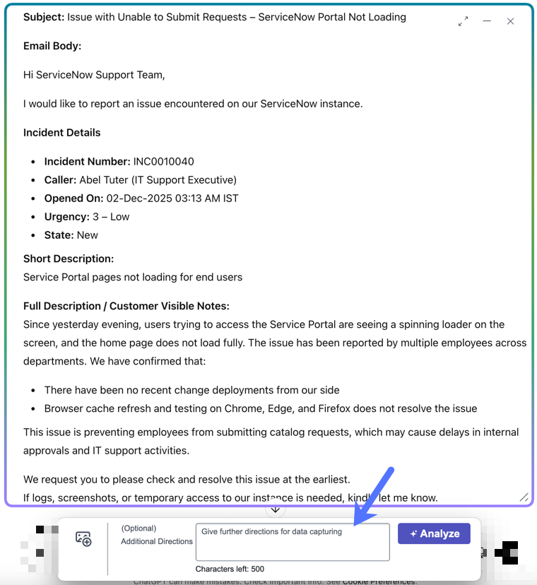 Incident email captured by Lens.