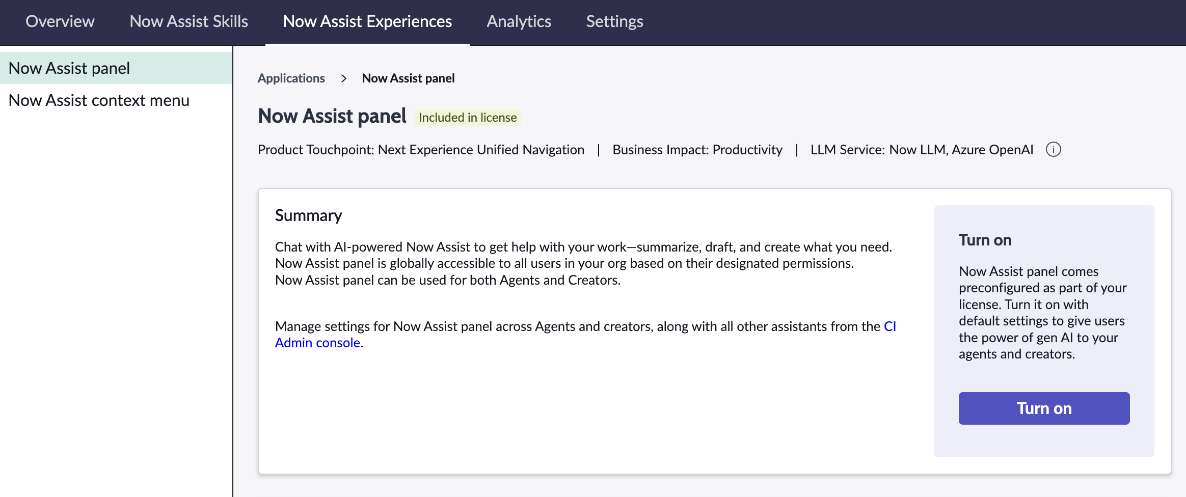 Now Assist panel screenshot.