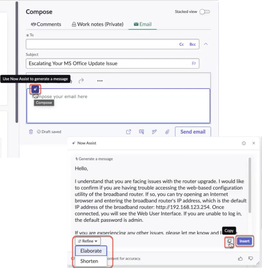 Using the Now Assist context menu to compose an email.