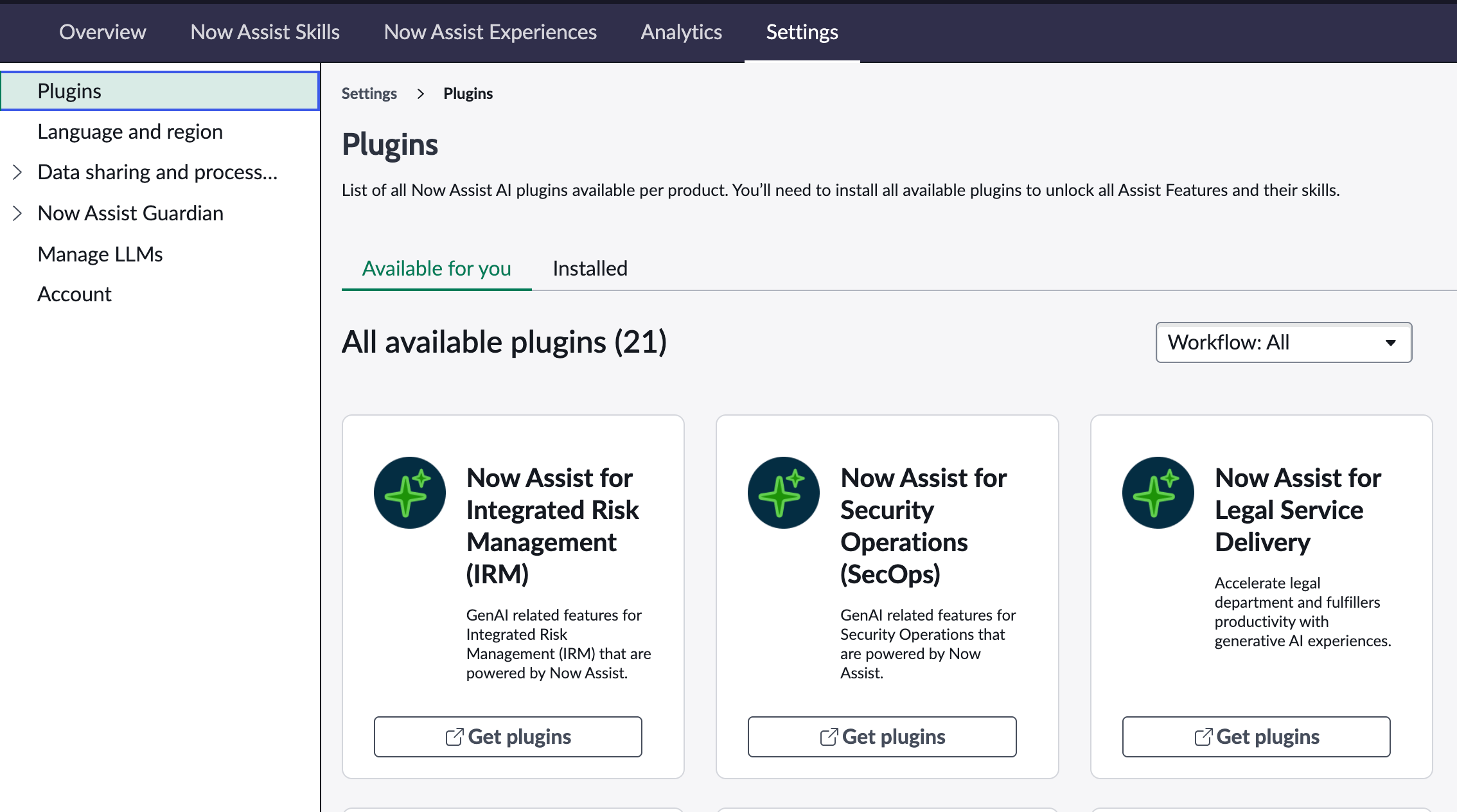 Now Assist settings page that lets you install plugins, activate the Now Assist panel, and view account details.