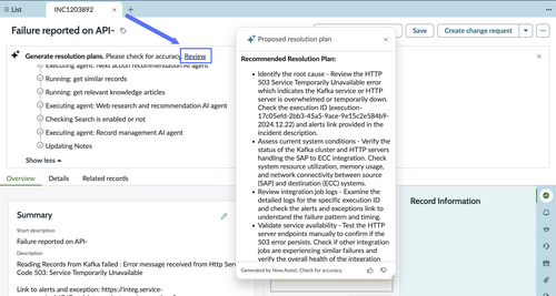 Complete agentic workflow with review button highlighted and modal displayed