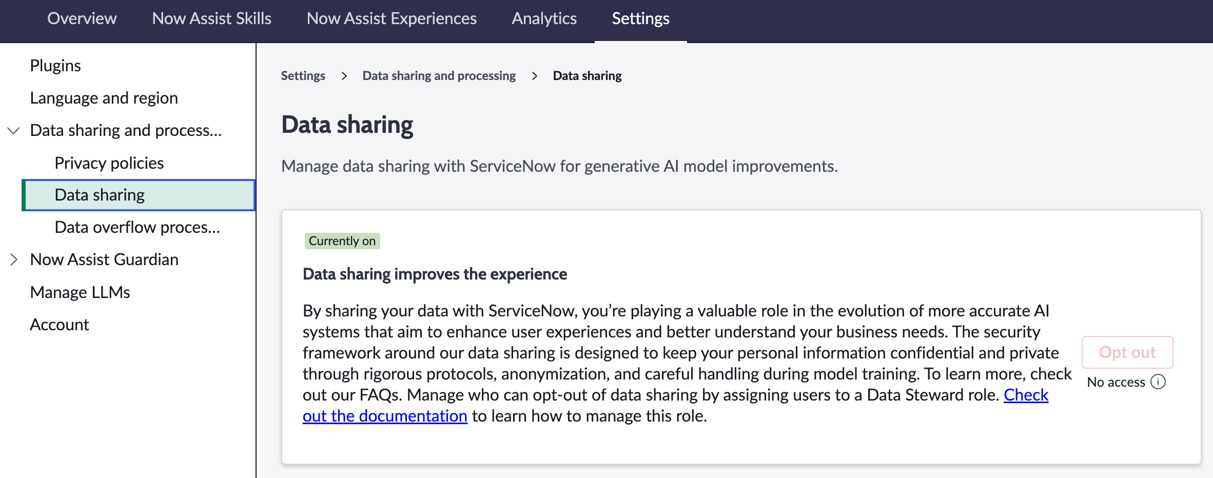 Data sharing in Now Assist Admin Settings that shows the data sharing preference. It also provides a data sharing opt-out button.