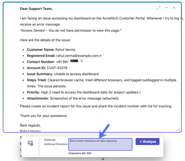 Field that accepts additional instructions.