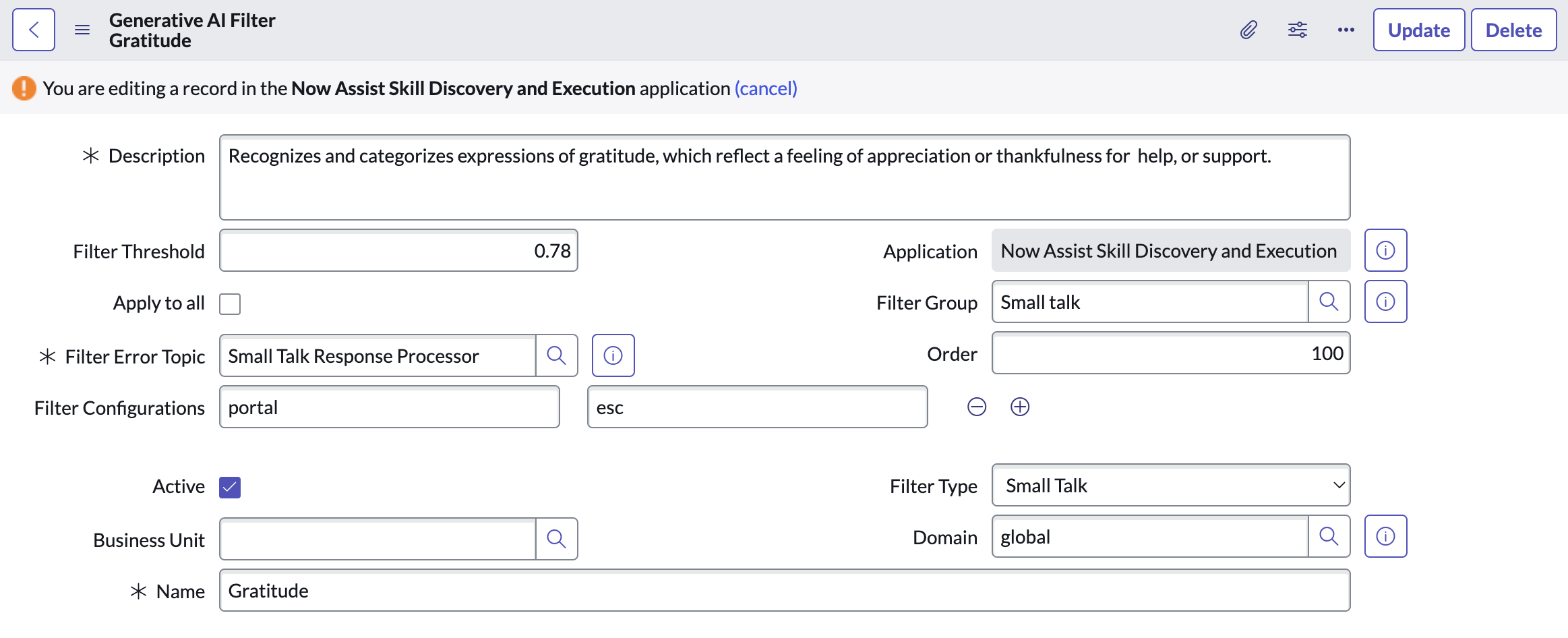 Small talk filter record for the Gratitude filter