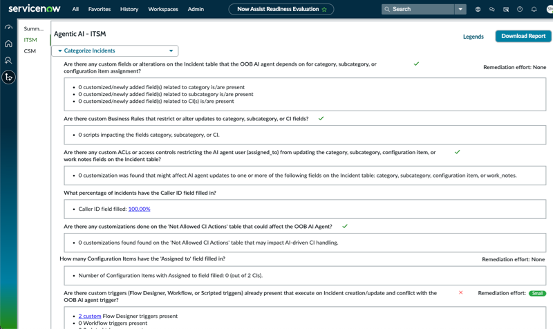 The Agentic AI - ITSM Categorize Incidents use case assessment is shown, along with the user case's relevant questions and records.
