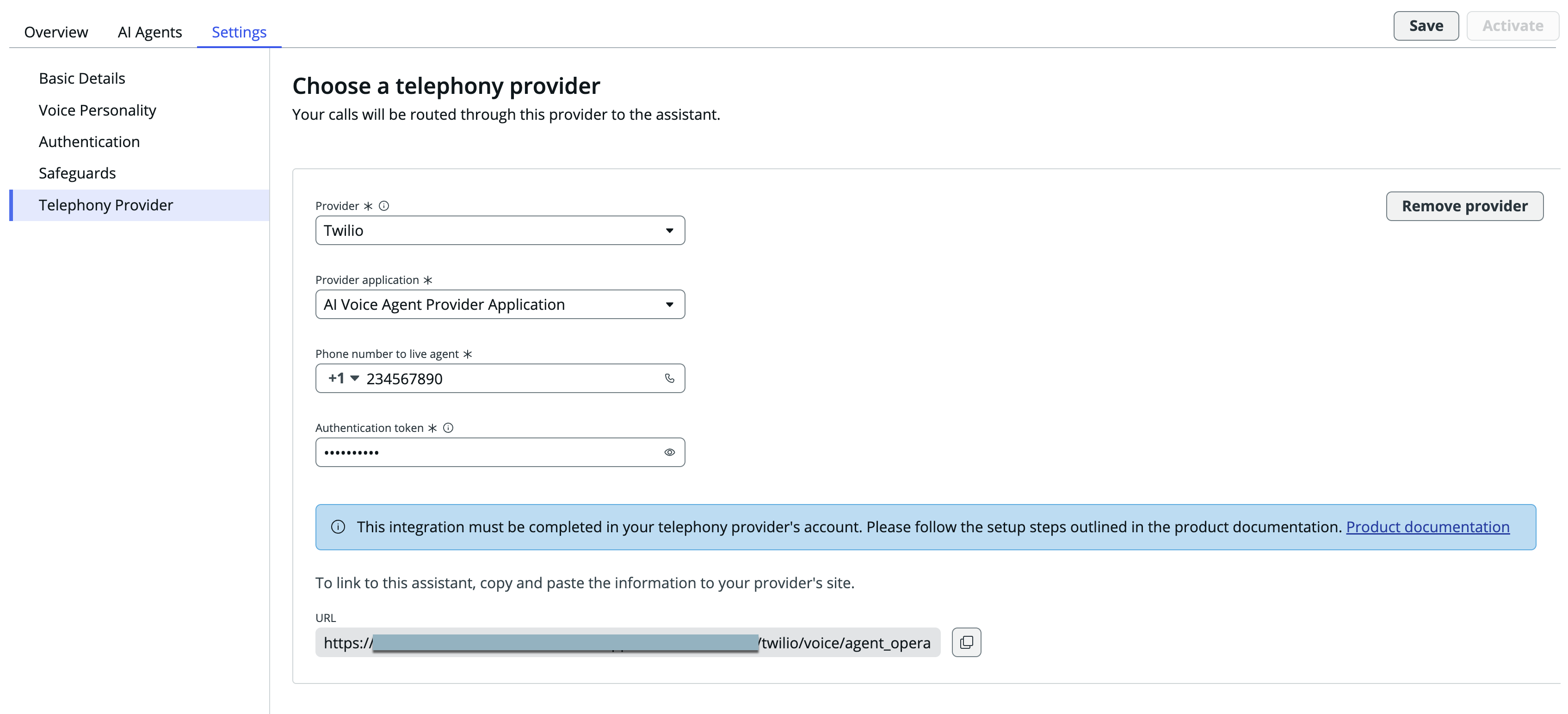 Twilio integration voice service integration configuration.