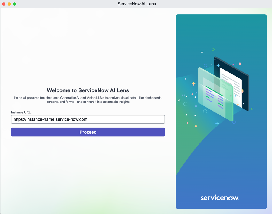 ServiceNow AI Lens login screen as a standalone application.