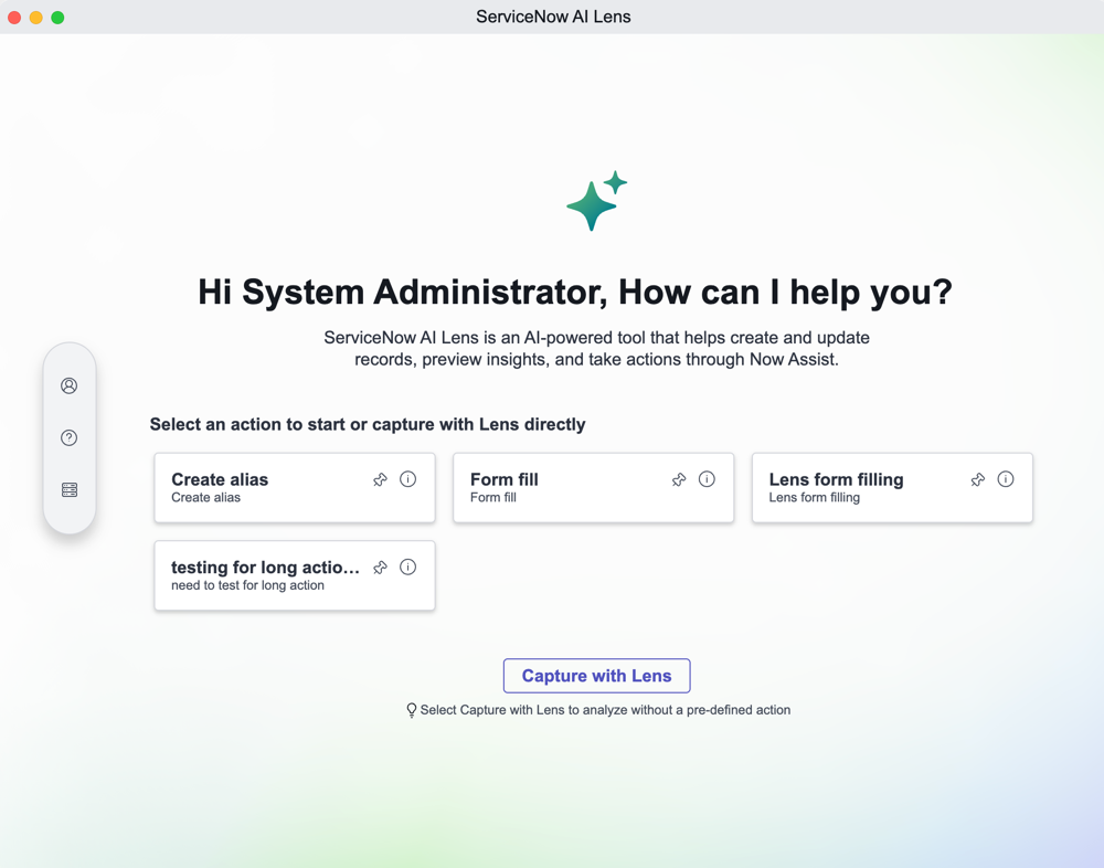 ServiceNow AI Lens home page displaying Lens actions.