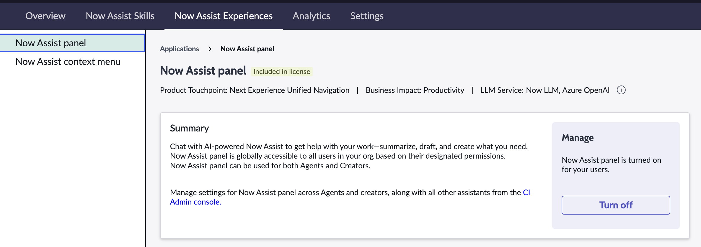 Now Assist panel settings on the Now Assist Experiences page