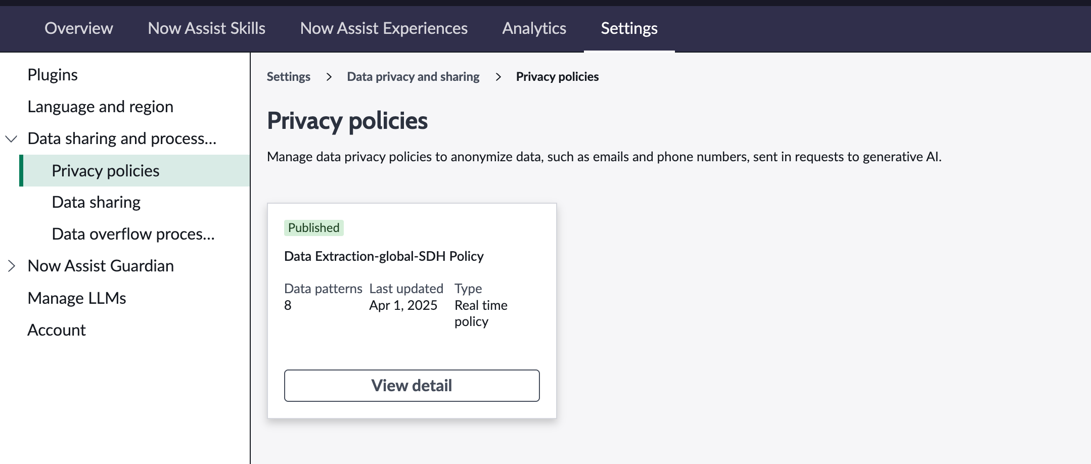 Privacy policies under Data sharing and processing, in Now Assist settings tab.