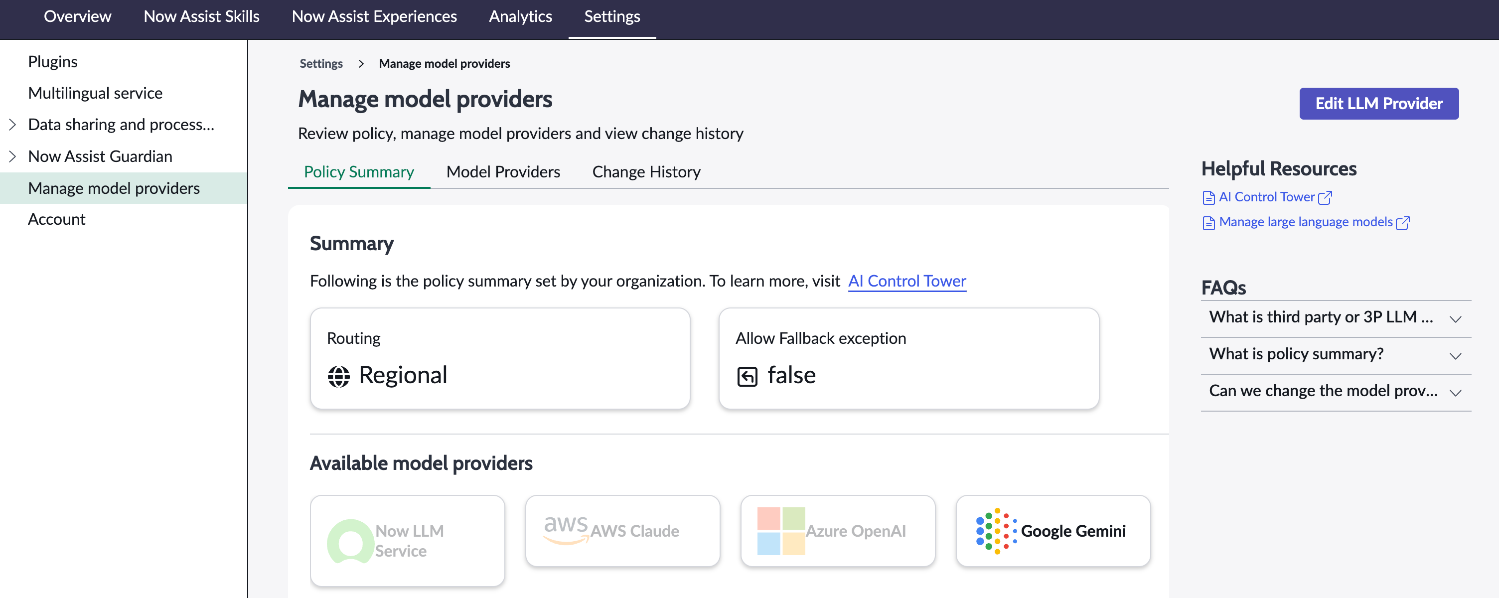 Now Assist admin settings - Manage model providers