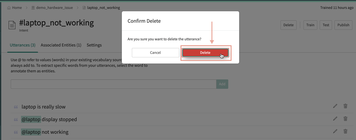 A confirmation screen so users can confirm their decision to delete the utterance