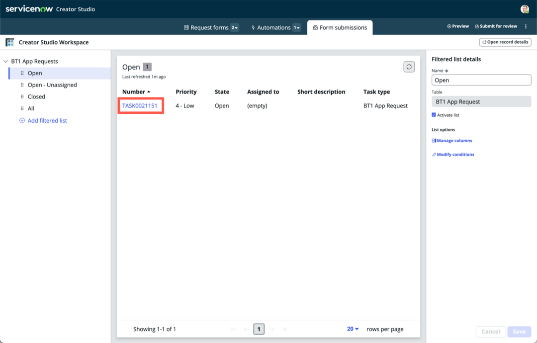 Select the record number in the list to interact with it in Creator Studio