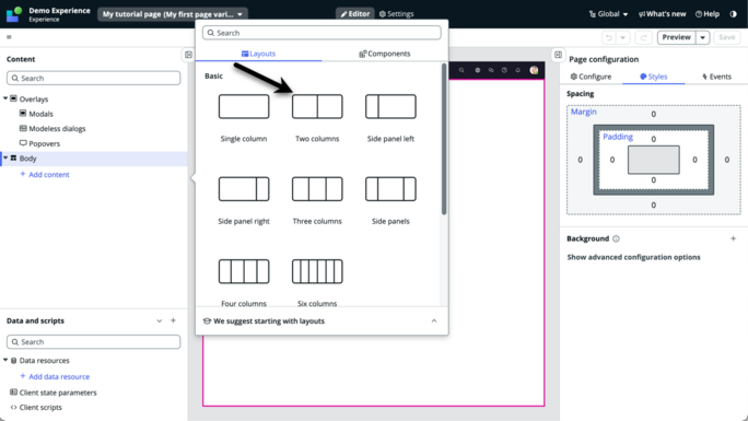 Arrow pointing to the two columns layout in the toolbox.