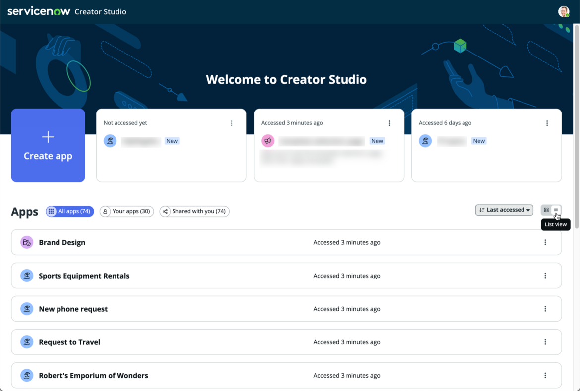 Creator Studio home page with all apps shown in a list