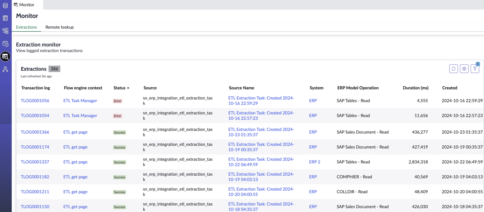 ERP Data Hub monitor page with extractions tab selected.