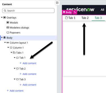 Content tree and page with column layout, column, and renamed tabs added.