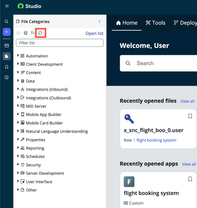 Refresh the Navigator panel by selecting the refresh button