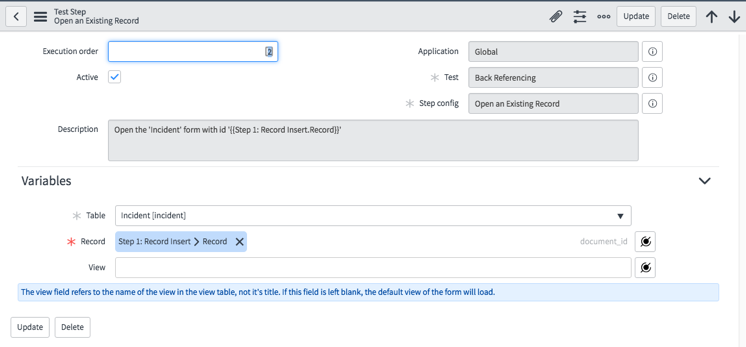 Existing record Test Step form