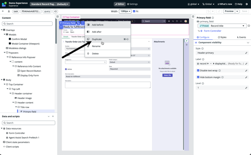 Arrow pointing to duplicate option on the component menu.
