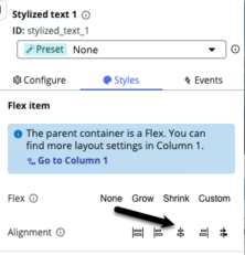 Configuration panel for stylized text component with black arrow pointing to center icon for alignment field.
