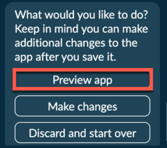 Options to preview app, make changes, or discard the app with preview option highlighted.