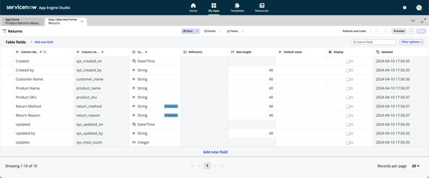 Data view of Table Builder that displays the generated table fields.