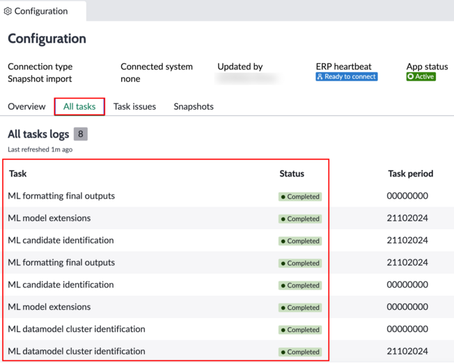 All tasks list with import tasks listed as completed.