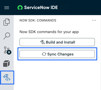 The Sync command in the Now SDK view.